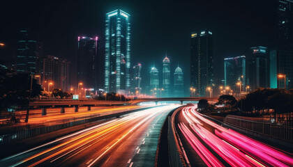 Fototapeta premium Speeding cars blur in illuminated city skyline generated by AI