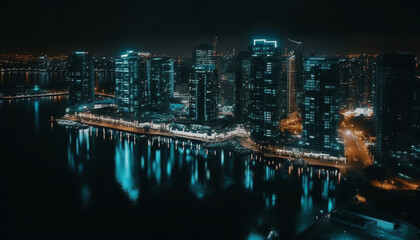 Fototapeta premium Illuminated city skyline reflects on waterfront at dusk generated by AI