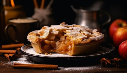 Freshly baked apple pie on rustic wood table generated by AI