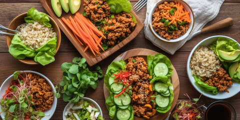 Healthy lunch table scene with nutritious lettuce wraps, Buddha bowl, vegetables and salad. Generative AI.