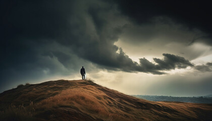 Standing silhouette conquers mountain peak, dramatic sky generated by AI