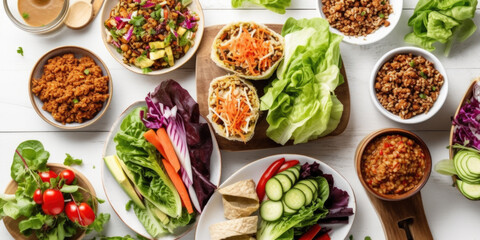 Fototapeta na wymiar Healthy lunch table scene with nutritious lettuce wraps, Buddha bowl, vegetables and salad. Generative AI.