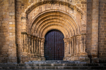 Medieval facade of the old cathedral of Plasencia, Cáceres, Spain, with stairway and semicircular arches with columns, spain, caceres, plasencia