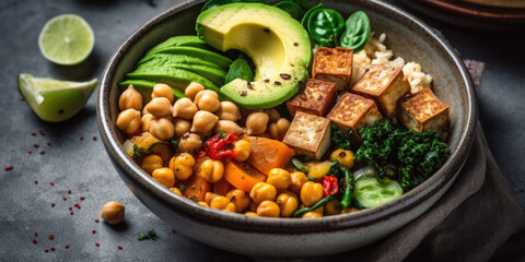 Vegan buddha bowl lunch with grilled tofu, quinoa, spinach and avocado. Generative AI.