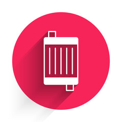 White Car radiator cooling system icon isolated with long shadow background. Red circle button. Vector