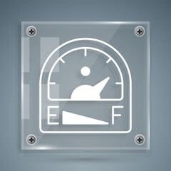 White Motor gas gauge icon isolated on grey background. Empty fuel meter. Full tank indication. Square glass panels. Vector