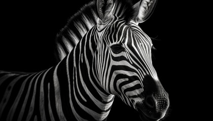 Monochrome striped zebra stands on black background generated by AI
