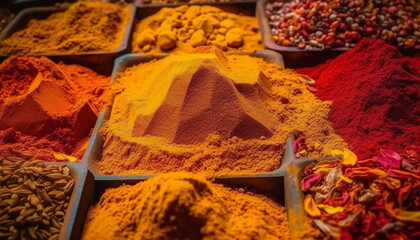 Vibrant colors in a row at spice stall generated by AI