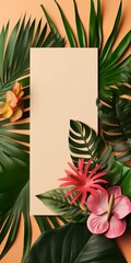 Exotic flowers and palm leaves frame with space for advertisement,  IA generativa