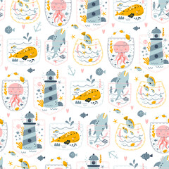 Marine life seamless pattern with shark, fish, while, jellyfish, lighthouse into the pockets. Funny underwater life repeat background in vector. Cute sea, ocean print design for textile, fabric.