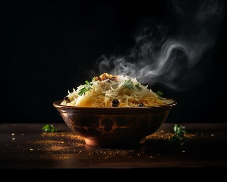 Biryani with a sprinkle of herbs on top and steam rising from the dish
