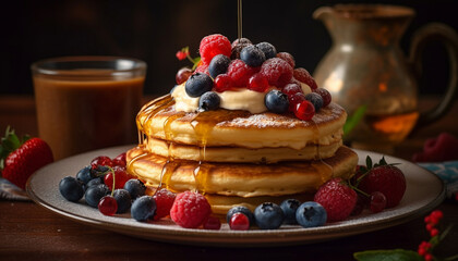 Homemade blueberry pancakes with raspberry syrup drizzle generated by AI