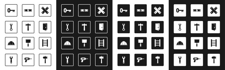 Set Crossed ruler, Hammer, Wrench spanner, Old key, Closed door, Construction bubble level, Wooden staircase and Worker safety helmet icon. Vector