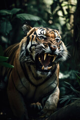 Fototapeta premium Wild tiger roaring aggressively. Jungle forest generative ai