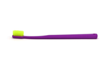 Plastic toothbrush purple with yellow bristles on a white background, side view