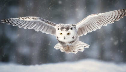 Snowy owl spreads wings in tranquil forest generated by AI