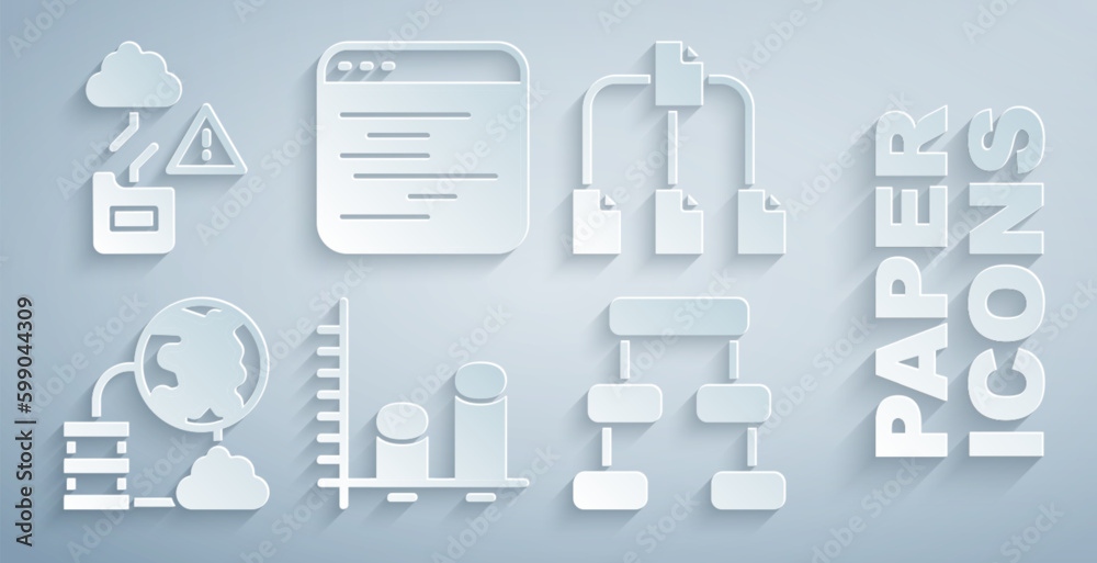 Poster set data analysis, folder tree, network cloud connection, hierarchy organogram chart, software and c