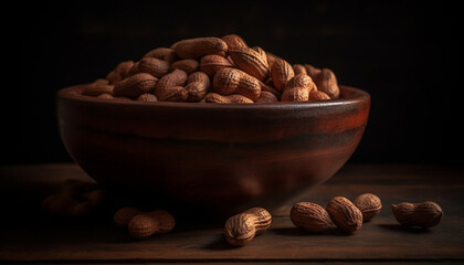 Healthy nuts in a wooden bowl, close up generated by AI