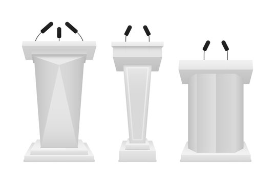 Realistic different white podiums tribune with microphones. The artistic design of the grandstand stands. Vector illustration.