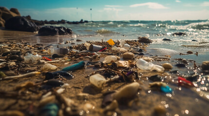 A Call to Action: Shocking Image of a Beach Polluted with Plastic Debris. Generative AI.