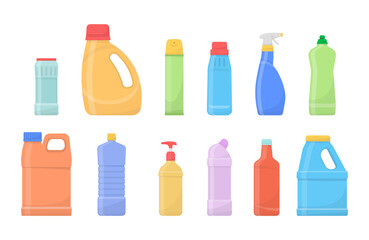 Chemical clean bottles. Plastic bottles of household chemicals and cleaning products. Flat design. House cleaning tools vector bottles and boxes pack isolated on white background.   - obrazy, fototapety, plakaty