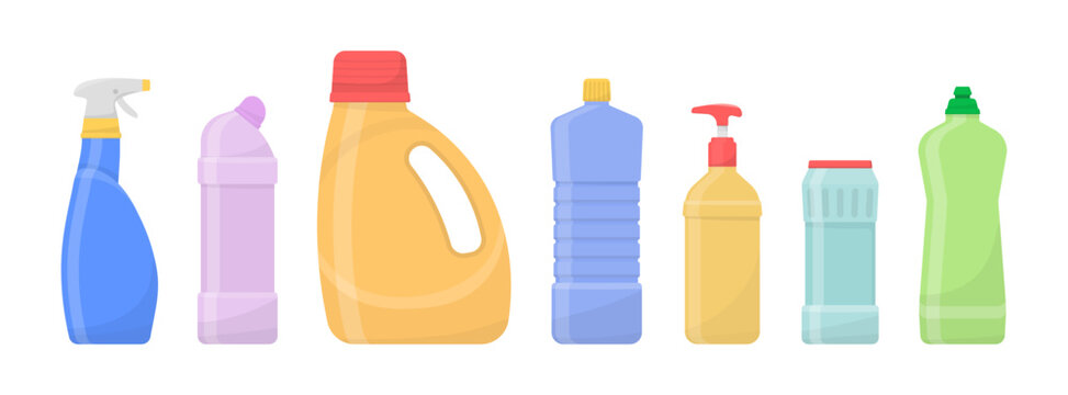 Chemical clean bottles. Plastic bottles of household chemicals and cleaning products. Flat design. House cleaning tools vector bottles and boxes pack isolated on white background.  
