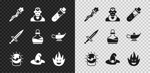 Set Magic staff, Wizard warlock, Bottle with potion, ball, Witch hat, Fire flame, Dagger and icon. Vector