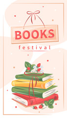 Book festival. Layout design for bookstore, library. Books with flowers and strawberries. Vector illustration