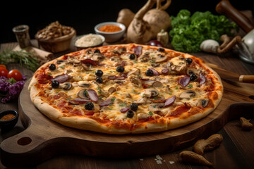 Cheese pizza is on a wooden serving board, Italian pizza with olives, peppers, shrooms. Generative Ai. 