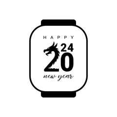 Vector design template for number 2024 with dragon in chinese lantern. The illustration includes a black label logo that can be used for diaries, notepads, calendars and web pages.  