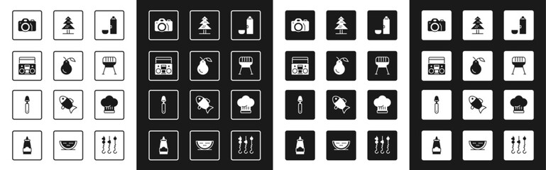 Set Thermos container, Pear, Home stereo with two speakers, Photo camera, Barbecue grill, Tree, Chef hat and Spoon icon. Vector