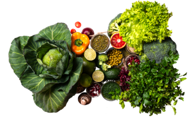 Organic vegetables on isolated png background farming and healthy food copy space flat lay.