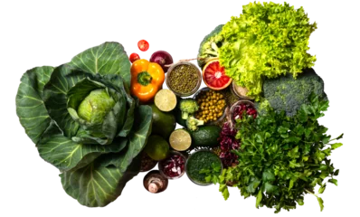 Foto op Plexiglas Organic vegetables on isolated png background farming and healthy food copy space flat lay. © ronedya