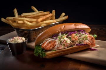 lobster roll with a side of crispy French fries and creamy coleslaw