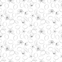 A set of seamless pattern with leaves, flowers and lemon. Line drawing. Lines have different widths. Black white. 1000x1000, vector graphics.