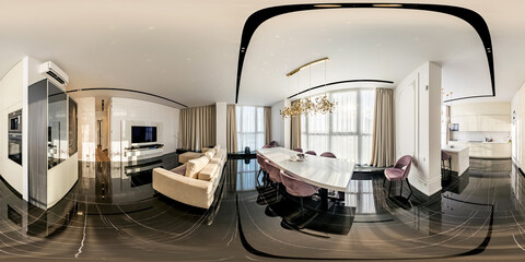 Full seamless panorama 360, a seamless panorama of the room and apartment . Interior design. Reception in a modern panoramic house. Generative Ai - obrazy, fototapety, plakaty