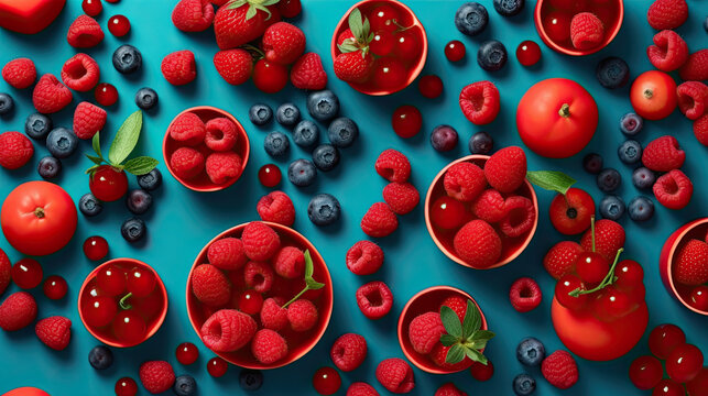 Frutas vermelhas sobre fundo azul