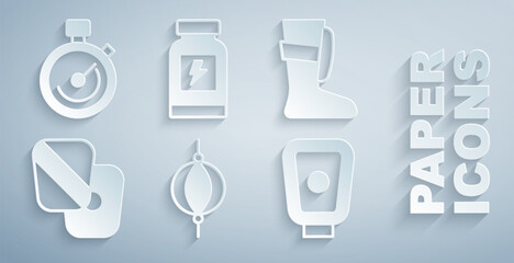 Set Punching bag, Sport boxing shoes, Boxing training paws, Energy drink and Stopwatch icon. Vector