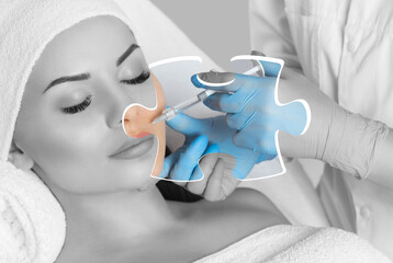 Cosmetologist does injections for lips augmentation and anti wrinkle in the nasolabial folds of a...