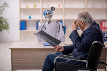 Old patient in wheel-chair visiting devil doctor