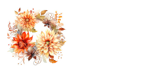 Dahlia and chrysanthenum fall wreath, orange autum wreath, card, summer blossoms. Isolated on white background. Generative AI