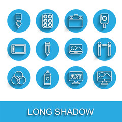 Set line RGB and CMYK color mixing, Paint spray can, Palette knife, Speech bubble with text art, Computer monitor screen, Pencil eraser, Exhibition of paintings and Laptop icon. Vector