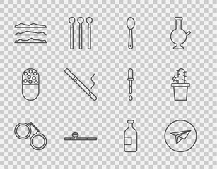 Fototapeta na wymiar Set line Handcuffs, Messenger, Heroin in spoon, Opium pipe, Cocaine or heroin drug, Cigarette, Alcohol drink bottle and Cactus peyote pot icon. Vector