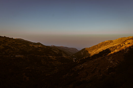 View from the top of the mountain Zas in Leykada island in Greece during sunset in summer 