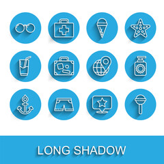 Set line Anchor, Swimming trunks, Glasses, Map pointer with star, Lollipop, Suitcase, Sunscreen spray bottle and Location on the globe icon. Vector