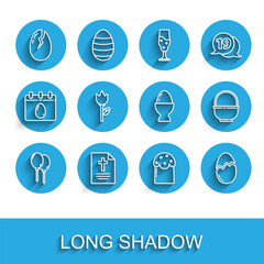 Set line Balloons with ribbon, Greeting card Happy Easter, Broken egg, cake, Flower tulip, Basket and stand icon. Vector