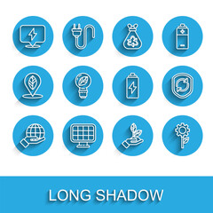 Set line Hand holding Earth globe, Solar energy panel, Lightning bolt, Plant hand, Leaf plant gear machine, bulb with leaf, Recycle symbol inside shield and Battery icon. Vector