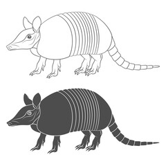 Set of black and white illustration with an armadillo. Isolated vector objects on white background. - 599048189
