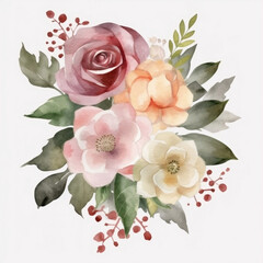 Watercolor floral bouquet composition with roses transparent background (generative AI)