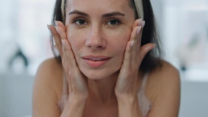 Closeup model washing skin with water home. Portrait smiling girl cleaning face Generative AI - Powered by Adobe